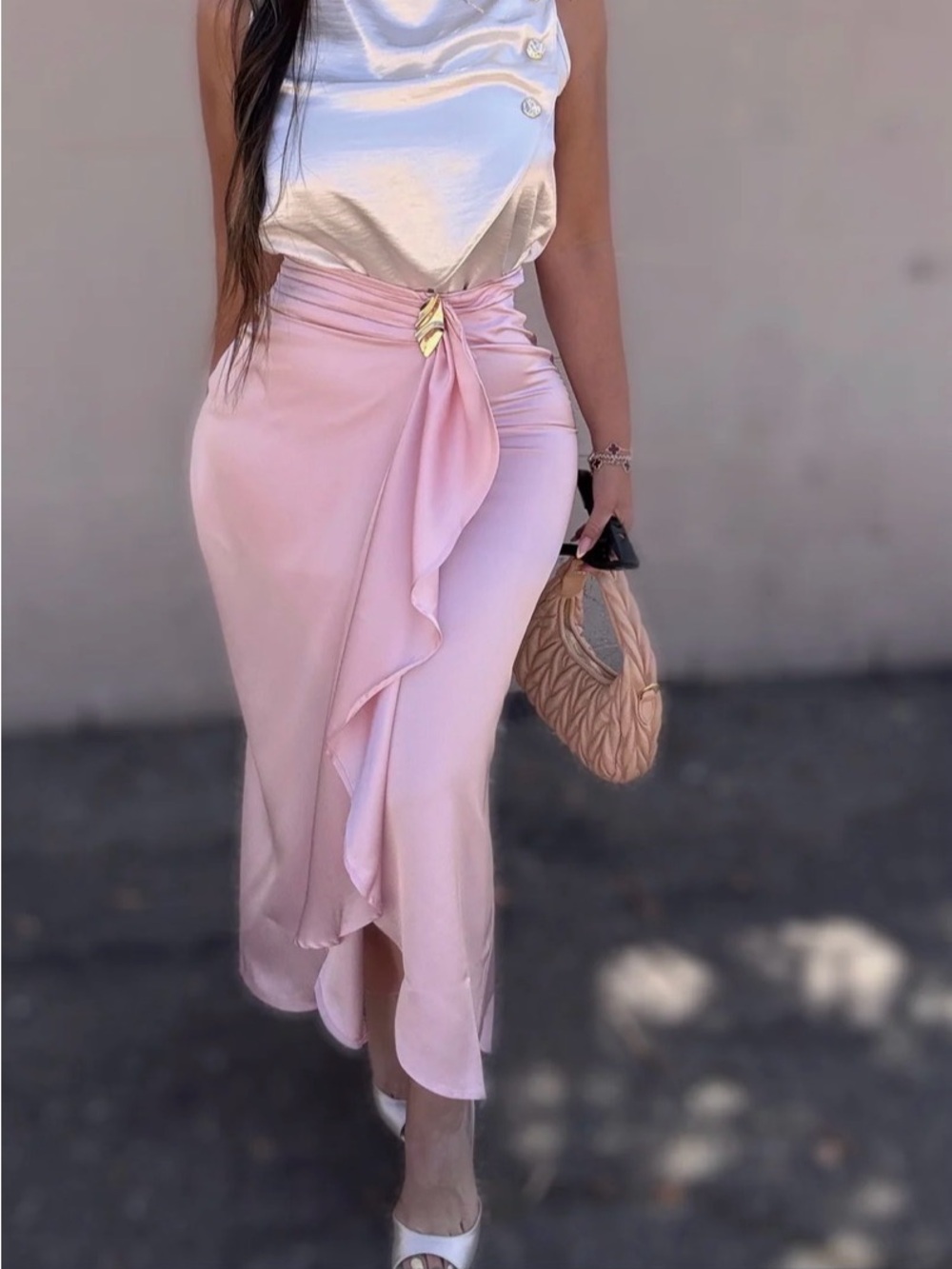 Satin Wrap Midi Skirt in Light Pink